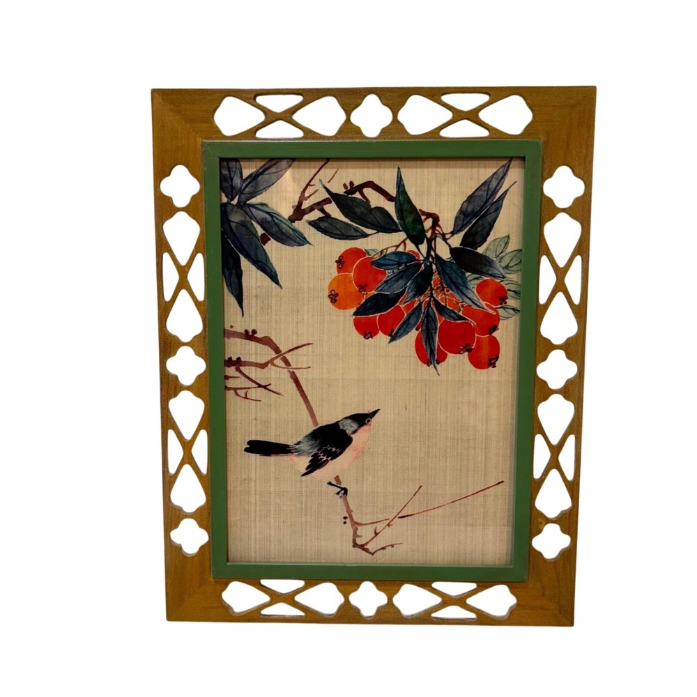 Vintage Japanese Silk Painting Bird Red Berries Fretwork Frame Esther Frazier